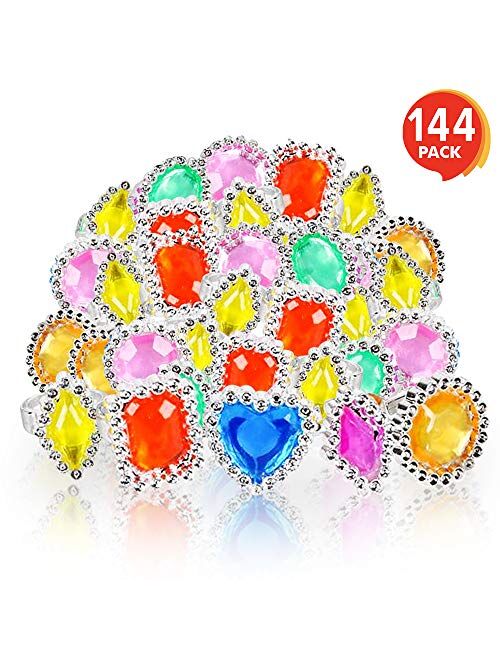 ArtCreativity Plastic Jewel Princess Rings for Kids - 144 Pack - Colorful Birthday Party Favors for Girls - Dress Up Accessories, Goodie Bag Fillers, Cupcake Toppers, Par