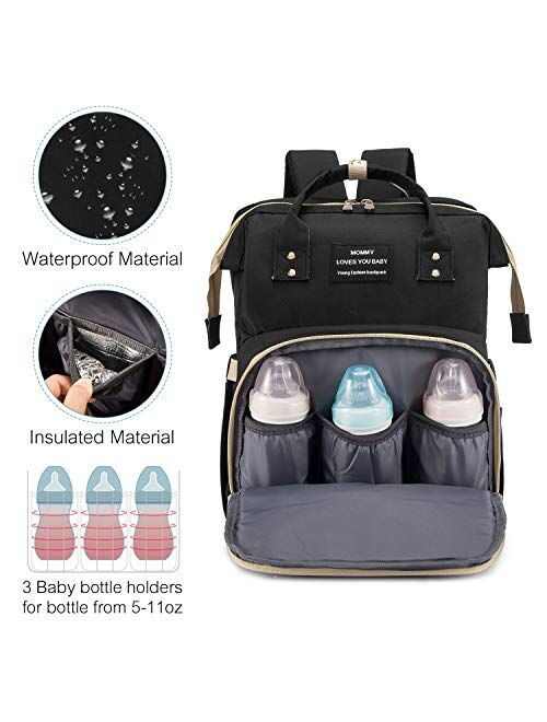 3 in 1 Diaper Bag Backpack with Changing Station, Waterproof Baby Bag with Auto Foldable Crib, Travel Bassinet with USB Charging Port and Shade Cloth (Grey)