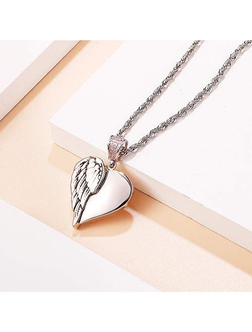 Hanpabum Locket Necklace for Women Girls Engraved Necklace Angel Wings Heart Pendant Necklace