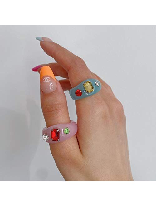 sloong 4pcs Y2K Style Chunky Retro Resin Acrylic Ring Plastic Rings Kids Ring Cute Colorful Candy Ring Finger Ring Jewelry Transparent Handmade Trendy Rings for Women Gir
