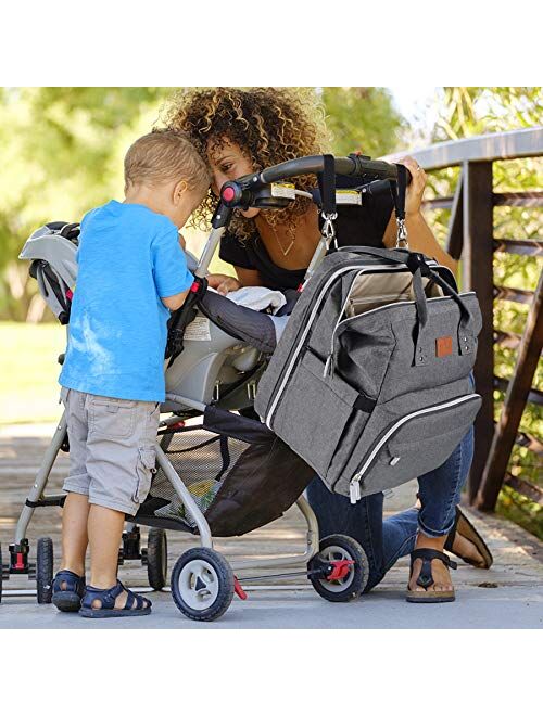 Diaper Bag with Changing Station, Baby Diaper Bag, Diaper Bag Backpack, Baby Bag with Built-in USB Charging Port and Stroller Straps Large Capacity Waterproof (Grey)