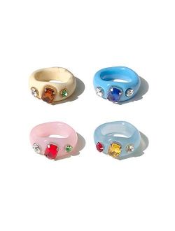 4/5Pcs Lovely Resin Crystal Inlaid Ring Vintage Colorful Acrylic Rhinestone Band Ring for Women Girls Lolita Party Cute Costume Accessory