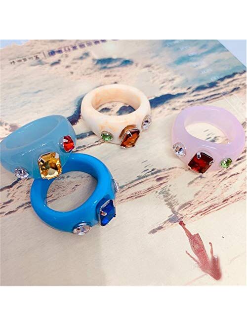 4/5Pcs Lovely Resin Crystal Inlaid Ring Vintage Colorful Acrylic Rhinestone Band Ring for Women Girls Lolita Party Cute Costume Accessory
