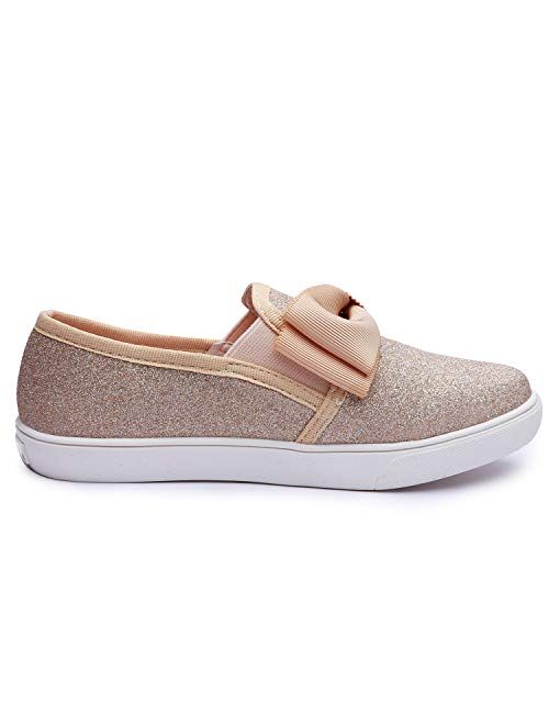 Aellons Girls Bow Sequins Slip On Wearing Sneaker Loafer Flats Casual Walking Shoes