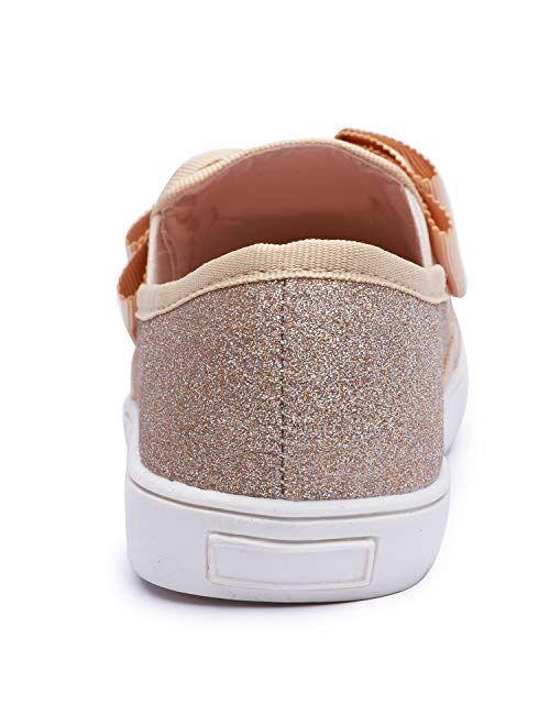 Aellons Girls Bow Sequins Slip On Wearing Sneaker Loafer Flats Casual Walking Shoes