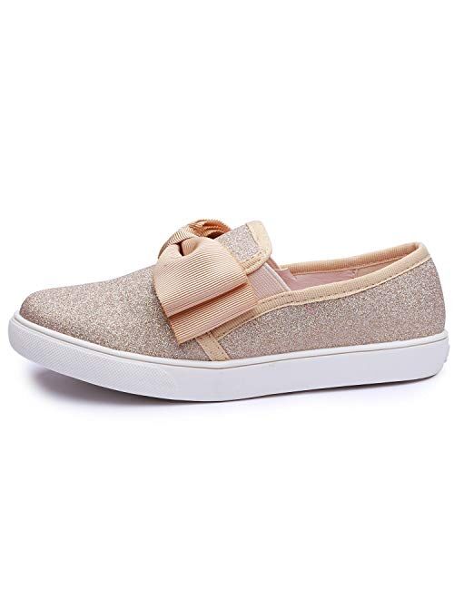 Aellons Girls Bow Sequins Slip On Wearing Sneaker Loafer Flats Casual Walking Shoes