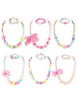 PinkSheep Beaded Necklace and Beads Bracelet for Kids, 6 Sets, Little Girls Jewelry Sets, Favors Bags for Girls (Classic)