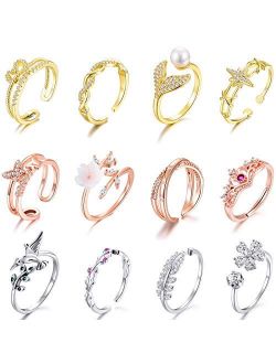 TAMHOO 12 Pcs Open Rings Set for Women with Sparkling Cubic Zirconia- Finger Rings Pack Stackable Rings for Teens,White Gold/Rose Gold/Gold Tone Rings for Girls