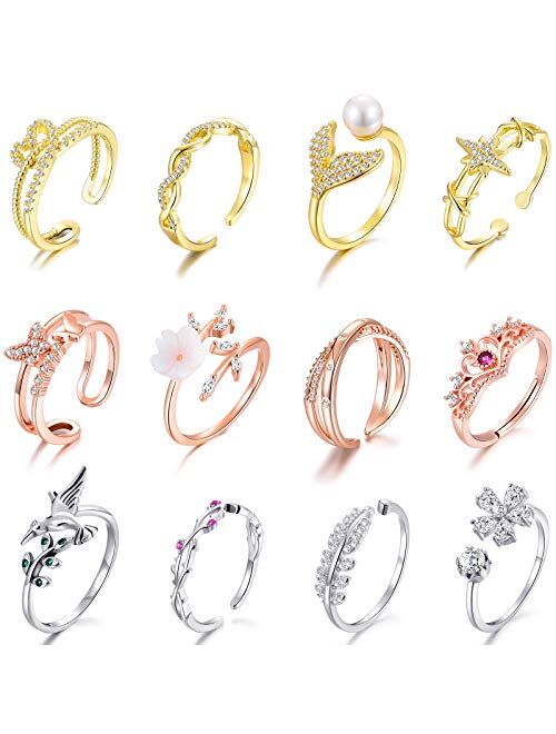 TAMHOO 12 Pcs Open Rings Set for Women with Sparkling Cubic Zirconia- Finger Rings Pack Stackable Rings for Teens,White Gold/Rose Gold/Gold Tone Rings for Girls
