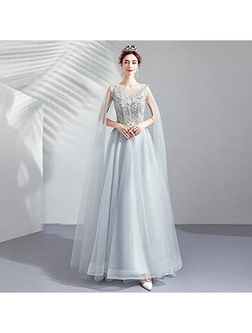 zjyfyfyf Women's Wedding Dress Lace Ball Gown Prom Elegant Chiffon Dress Formal Party Tulle Skirt (Color : Gray, Size : Large)