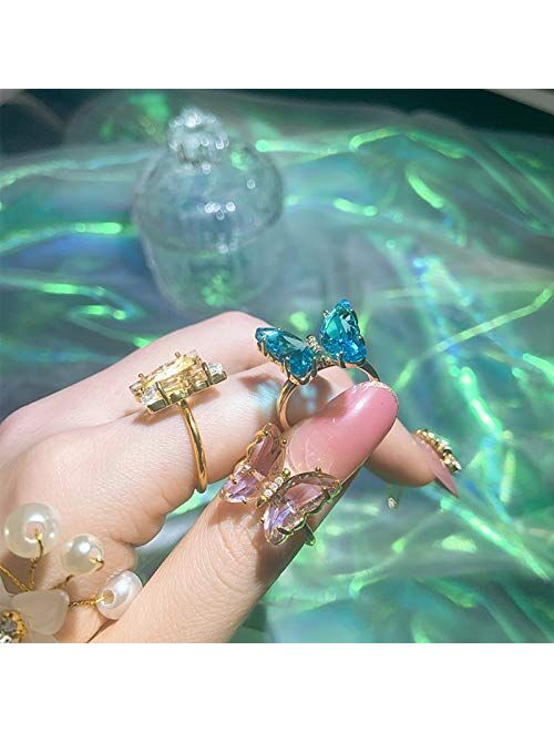 MGGFBLEY Butterfly Rings Acrylic Crystal Rings Colorful Vintage Cute Rings Jewelry for Girl Women Teens