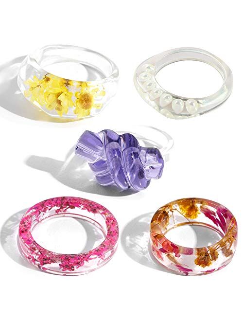 5 PCS Resin Ring with Pressed Flower, Y2K Fashion Acrylic Ring Kits for Women Girls Y2K Fashion Accessories Colorful Rings Vintage Jewelry Party Gift