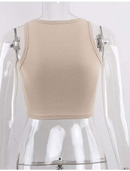 Meladyan Women's Round Neck Basic Racerback Camisole Rib-Knit Solid Sleeveless Crop Tank Tops