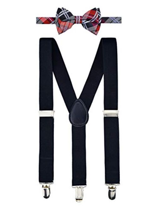 Retreez Boy's Suspender Bow Tie Set Elegant Tartan Plaid Woven Pre-Tied Bow Tie