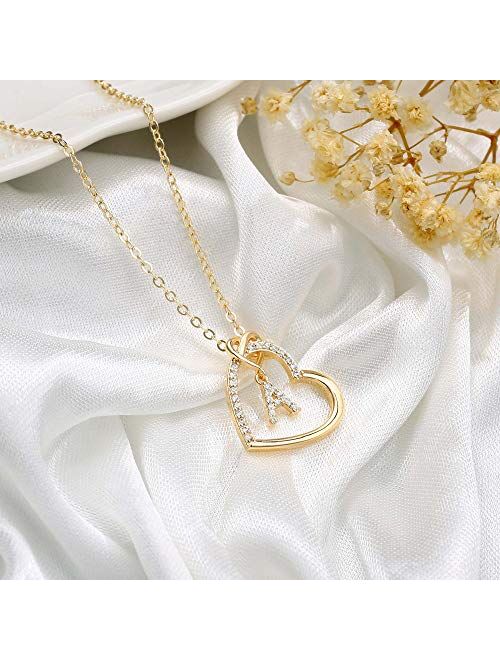 CZ Heart Pendant Initial Necklaces, 14K Gold Filled Heart Initial Necklaces for Teen Girls Women, Dainty Letter Necklace for Women Kids Girls Jewelry Cute Heart Necklace 
