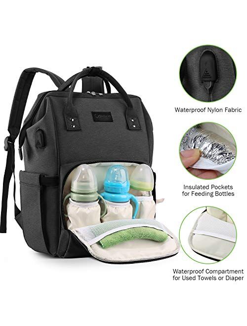 Diaper Bag Backpack, BZBRLZ Nylon Waterproof Large Unisex Baby Bags, Multifunction Travel Backpack for Mom and Dad with USB Port and Stroller Straps, Black