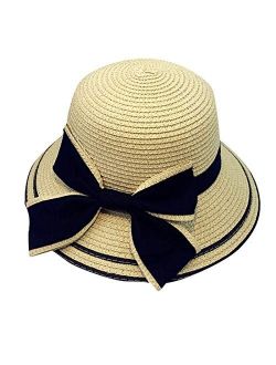 ZYYJ Ylqlbs Summer Parent-Child Women Baby Kids Girl Beach Bow Straw Flat Brim Sun Hat Cap (Color : Khaki)