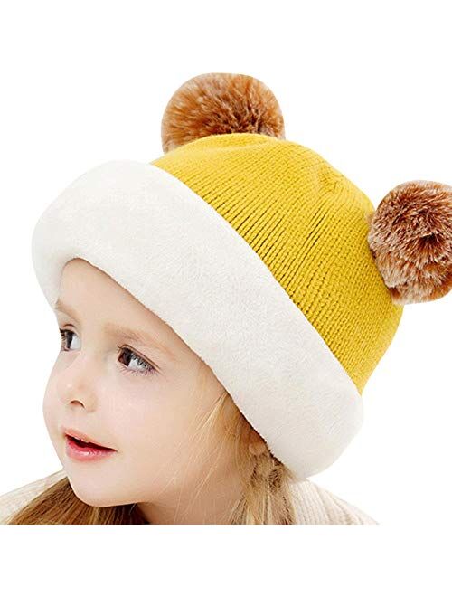 Autumn Winter Children Hats Pom Pom Ball Hat Kids Beanies Cap Girls Boys Warm Wool Hooded Hat Baby Scarves Toddler Caps Yellow(Fast delivery)