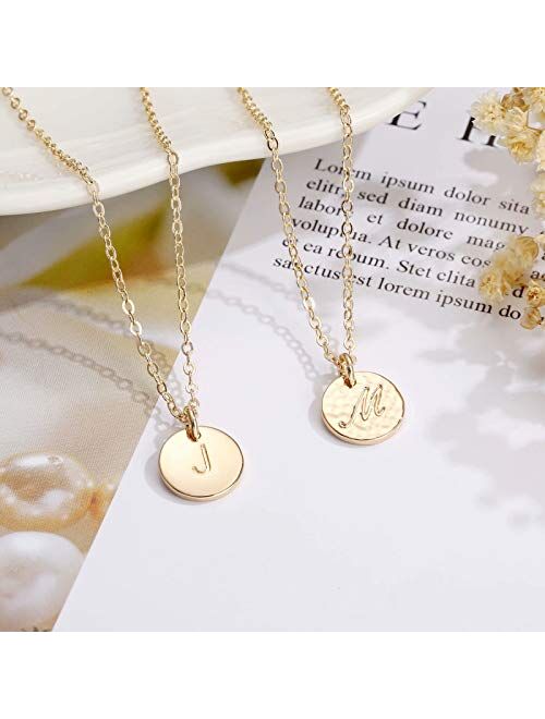 Disc Initial Necklaces for Women Girls, 14K Gold Filled Dainty Round Disc Double Side Engraved Hammered Initial Necklace Personalized Letter Pendant Initial Necklaces Jew