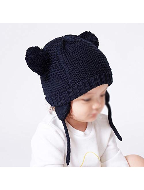 JJSPP Knitted Baby Hats Scarf Set Newborn Hats with Poms for Boys Baby Turban Beanie Caps for Girls Cotton Winter Headwear (Color : Navy Blue)
