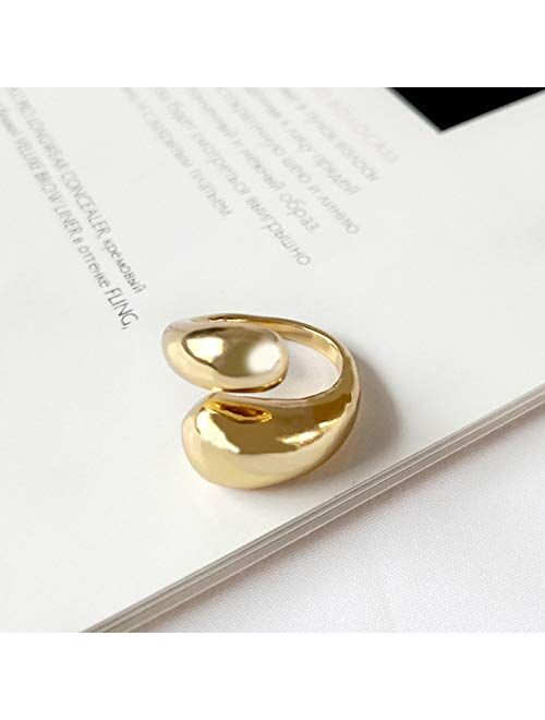KURTCB Chunky Open Ring 14k Gold Plated Minimalist Adjustable Dome Teardrop Wide Bold Statement Ring for Women Girls