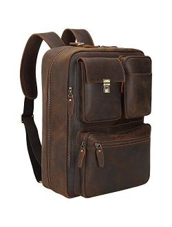 TIDING Men's Leather 17.3 Inch Laptop Backpack Convertible Briefcase Messenger Bag - Brown