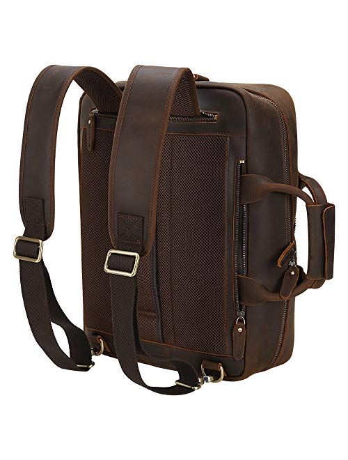 TIDING Men's Leather 17.3 Inch Laptop Backpack Convertible Briefcase Messenger Bag - Brown