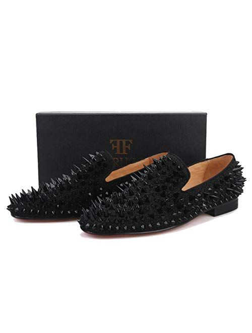 FERUCCI Men Black Spikes Slippers Loafers Flat with Crystal GZ Rhinestone