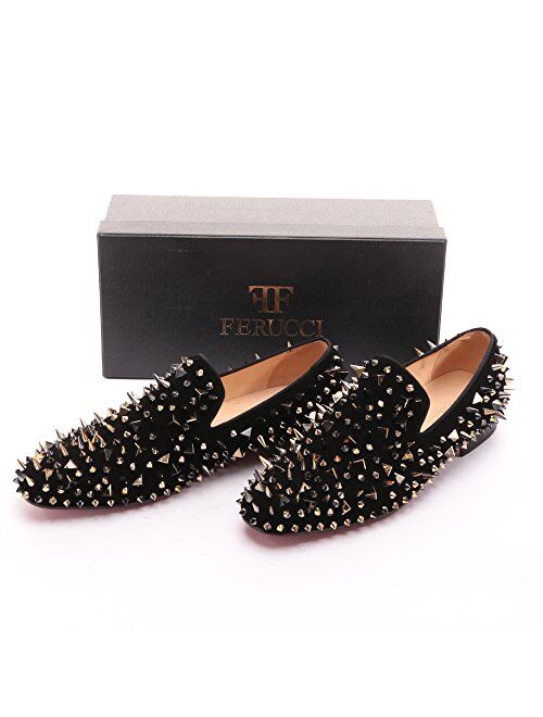 FERUCCI Men Black Velvet Slippers Loafers Flat with Gold Spikes