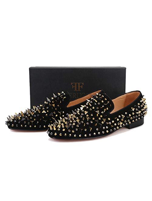 FERUCCI Men Black Velvet Slippers Loafers Flat with Gold Spikes