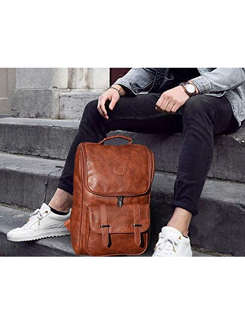 Vegan Leather Backpack Slim Vintage Laptop Backpack for Men Women,Travel Brown Water Resistant Brown College School Bookbag Weekend Daypack Bag.