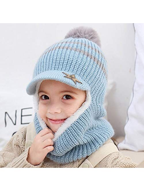 PDGJG Winter Hat New Beanie Hats Ball Earmuff Hat Warm Fleece Lining Caps for Kids Face Collar Caps Girls Baby Hats (Color : D)
