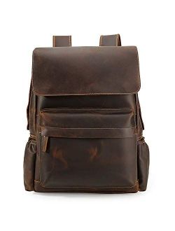 TIDING 15.6 Inch Vintage Men's Crazy Horse Cowhide Real Leather Laptop Backpack Large Capacity Travel Bag Bookbag with YKK Zipper