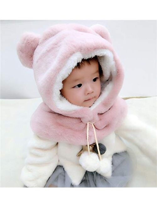 AYDQC Winter Baby Hat with Hood Scarf Cute Bear Ear Ball Warm Plush Kids Baby Hat Cap for Boys and Girls Children Hat (Color : E)