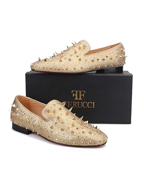 FERUCCI Men Gold Spikes Slippers Loafers Flat with Crystal GZ Rhinestone