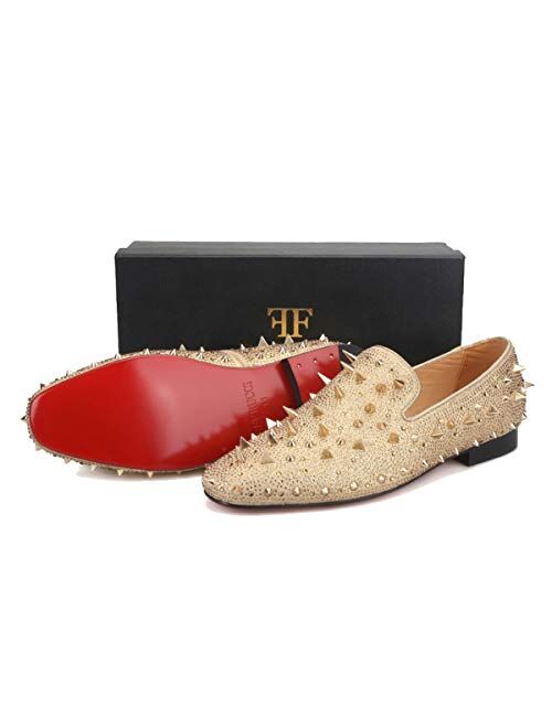 FERUCCI Men Gold Spikes Slippers Loafers Flat with Crystal GZ Rhinestone