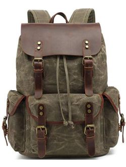 HuaChen Leather Backpack for Men,Waxed Canvas Shoulder Rucksack for Travel Laptop School (M80_Brown)