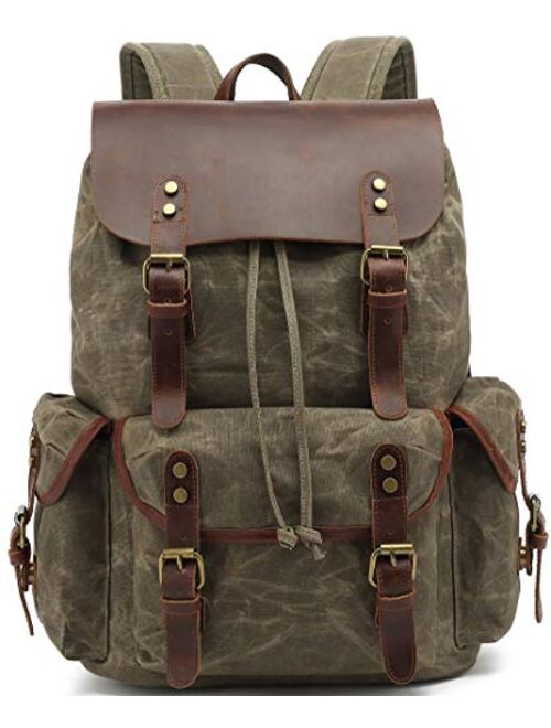 Buy HuaChen Leather Backpack for Men,Waxed Canvas Shoulder Rucksack for ...