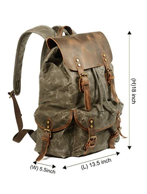 HuaChen Leather Backpack for Men,Waxed Canvas Shoulder Rucksack for Travel Laptop School (M80_Brown)