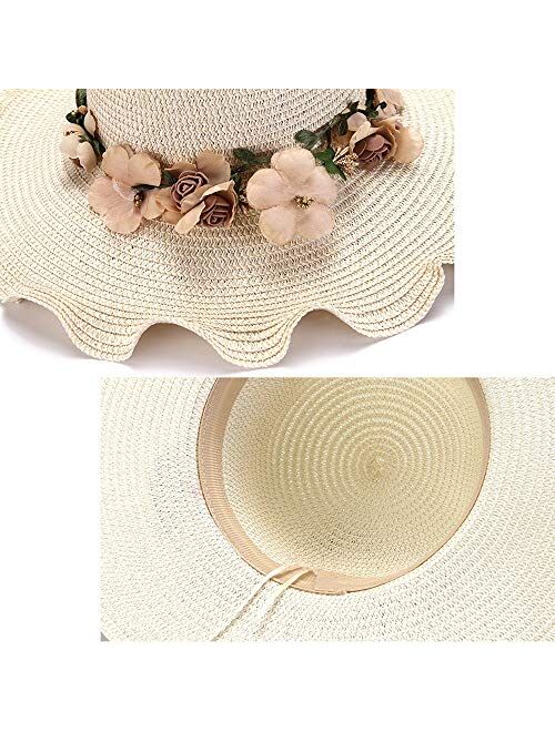 TWDYC Girls New Hats New Straw Baby Sun Hat with Flowers Kids Summer Hat Wave Brim Sunbonnet Straw Hat (Color : A)