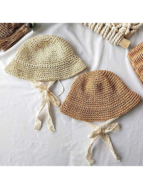 XINGYAO Summer hat Summer Straw Hats Lace Strap Crochet Children Foldable Sun Cap Lace Beach Sun Outdoor Hat (Color : 0262khaki, Size : Adult57CM)