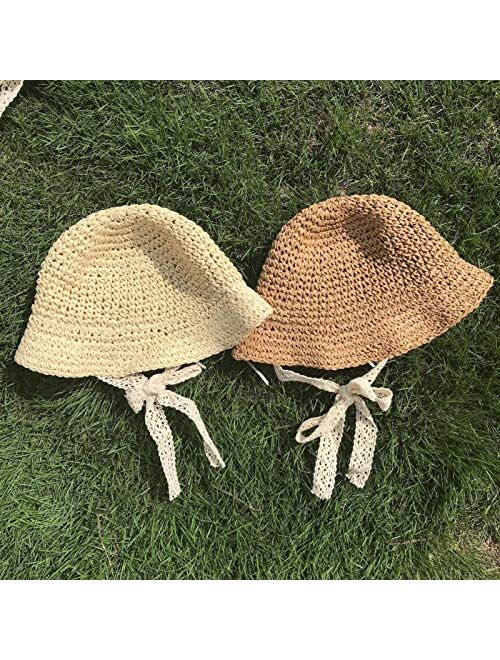 XINGYAO Summer hat Summer Straw Hats Lace Strap Crochet Children Foldable Sun Cap Lace Beach Sun Outdoor Hat (Color : 0262khaki, Size : Adult57CM)