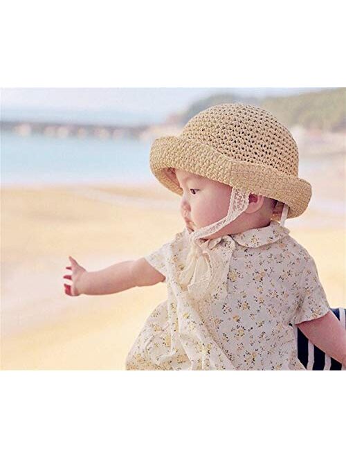 XINGYAO Summer hat Summer Straw Hats Lace Strap Crochet Children Foldable Sun Cap Lace Beach Sun Outdoor Hat (Color : 0262khaki, Size : Adult57CM)