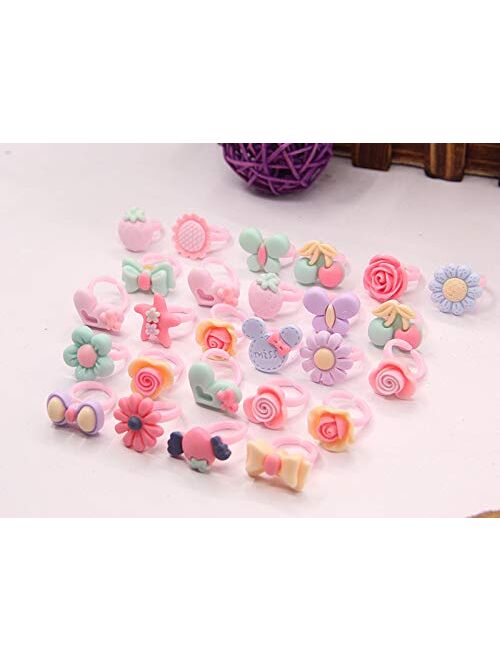 SUKPSY 50 Pcs Adjustable Cartoon Ring Mix Color Random Shape Candy Flower Animal Bow Ring for Party Favors