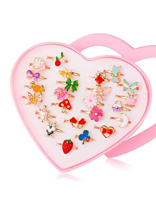 Hifot 24 pcs Little Girls Adjustable Rings, Princess Jewelry Finger Rings with Heart Shape Box, Girl Pretend Play and Dress up Rings for Children Kids - Random Style