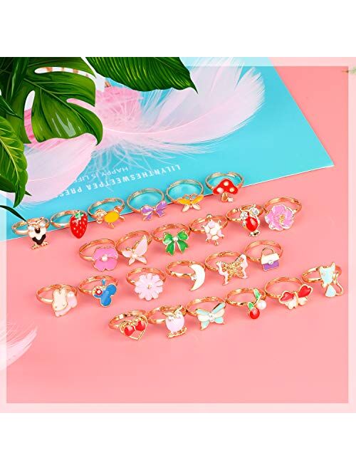 Hifot 24 pcs Little Girls Adjustable Rings, Princess Jewelry Finger Rings with Heart Shape Box, Girl Pretend Play and Dress up Rings for Children Kids - Random Style
