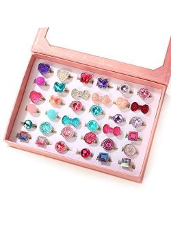 PinkSheep Little Girl Jewel Rings in Box, Adjustable, No duplication, Girl Pretend Play and Dress Up Rings (36 Jewel Ring)