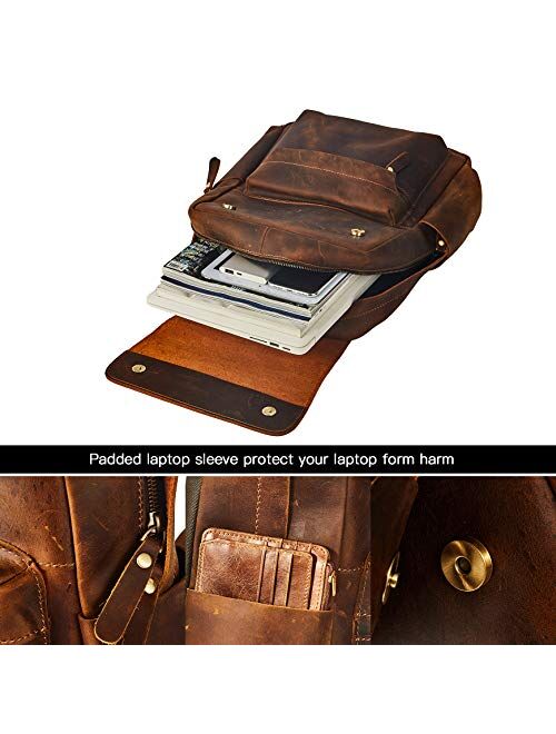 BRASS TACKS Leathercraft Men's Vintage Handmade Full Crazy Horse Genuine Leather Backpack 15.6 inch Laptop Bookbag