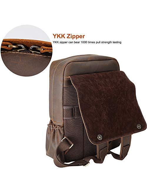 Vintage Genuine Leather 15.6 Inch Laptop Backpack for Men Casual Travel Work Bag Bookbag Daypack with YKK Zipper Brown