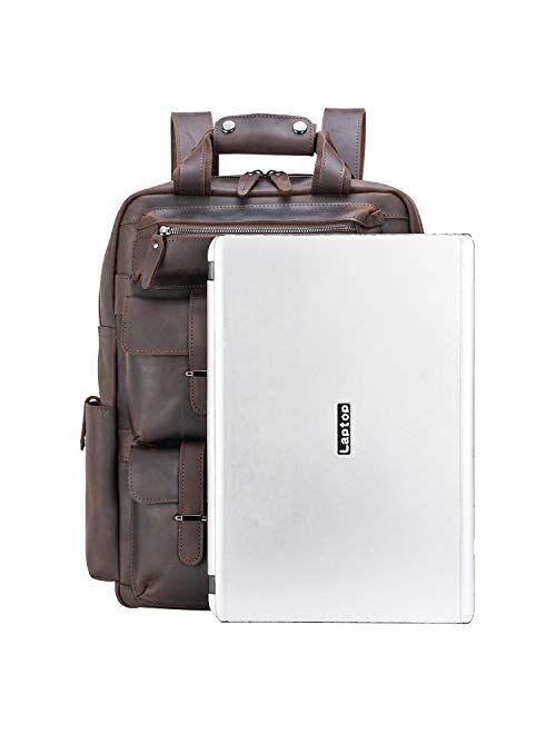 Texbo Full Grain Cowhide Leather Multi Pockets 16 Inch Laptop Backpack Travel Bag